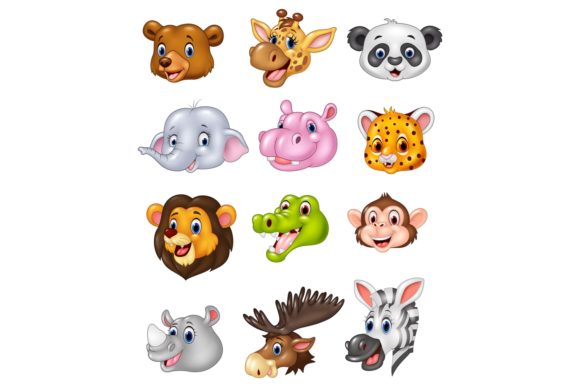 Cartoon Wild Animal Head Vector Set for Playful Design